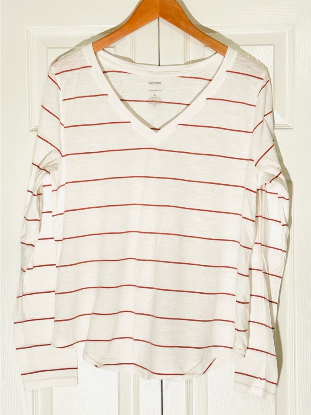 Sonoma White Long-Sleeve V-Neck Top with Maroon Stripes